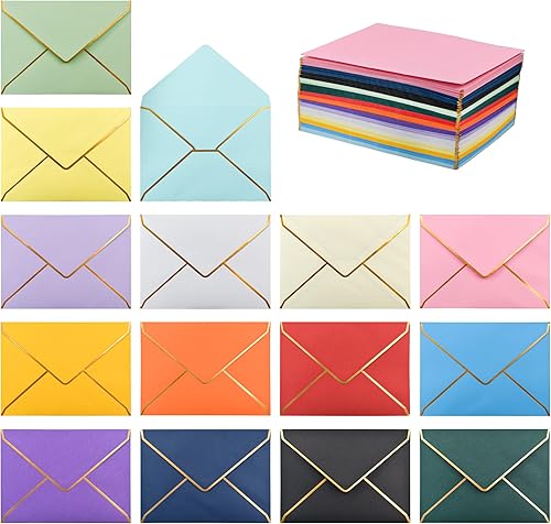 VANRA Paquete de 150 sobres de invitación coloridos autoadhesivos A7, con solapa en V con borde dorado para tarjetas de felicitación de 5 x 7,