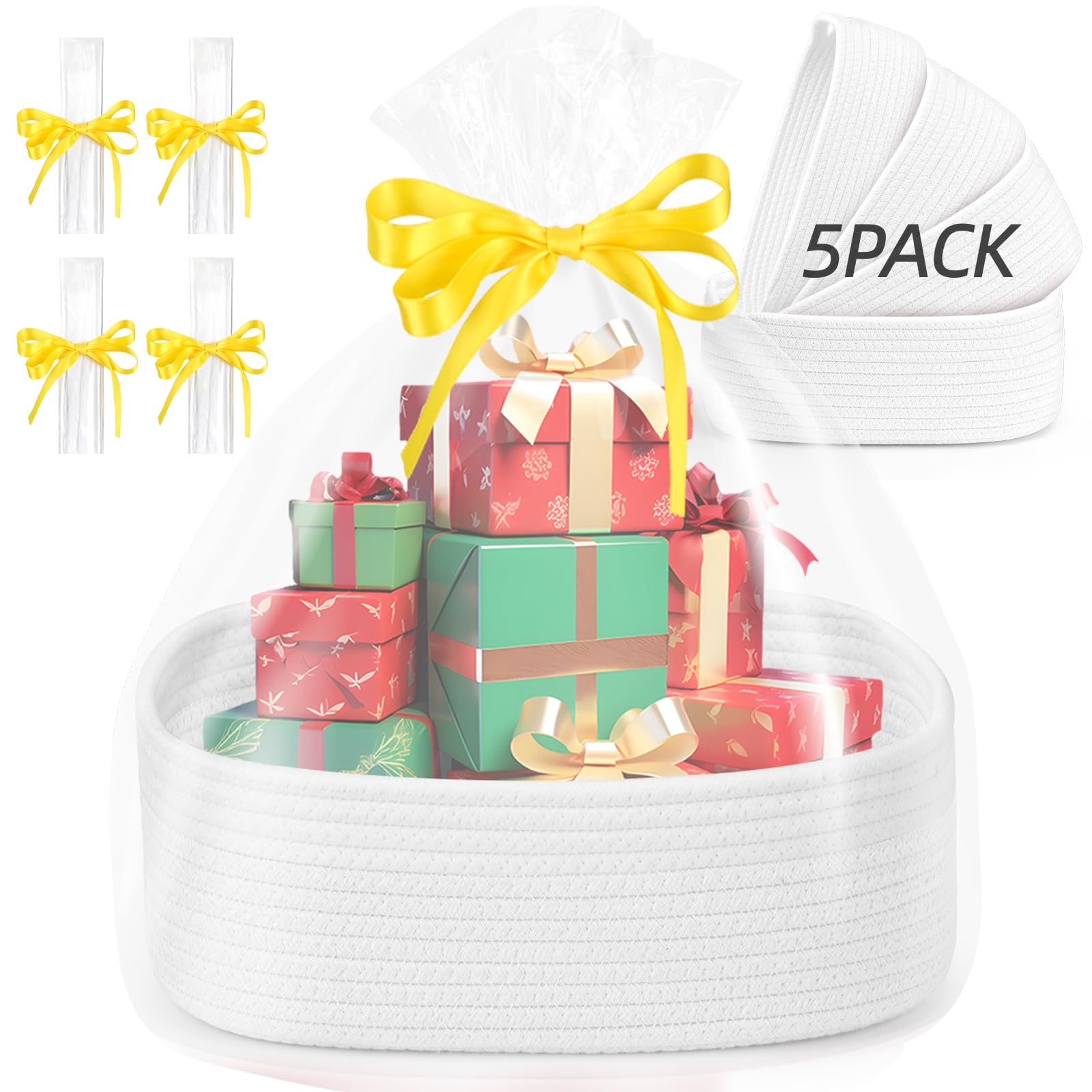5 Set Basket for Gifts Empty Large Woven Storage Basket with Bags and Ribbons Cute Rope Gift Basket