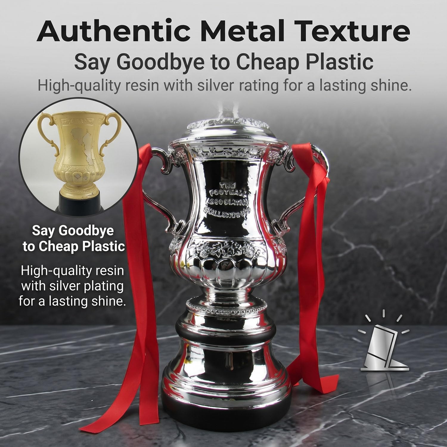 Fa Cup Trophy Replica, Coppa Calcio Inglese in Resina con Finitura Argentata per Tifosi, Regalo Calcio, Souvenir da Collezione, Ornamento per Vetrina e Decorazione da Mensola