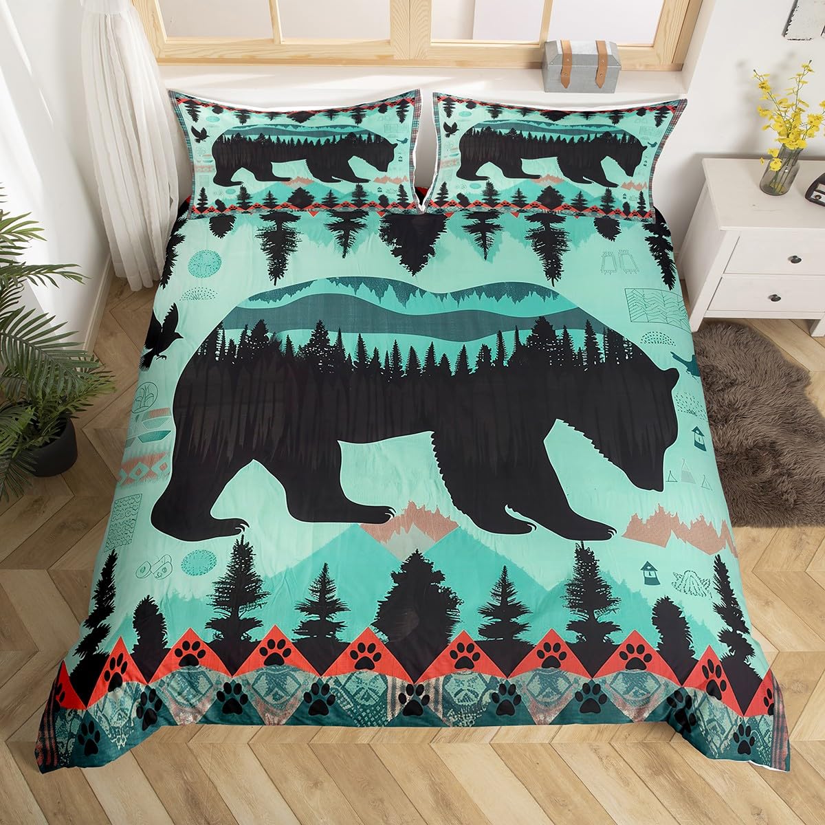 King Rustic Bear Duvet Cover for Lodge,Farmhouse Animal Bedding Set,Hunting Bear Bed Sets,Cabin Tree Eagle Quilt Cover with 2 Pillowcases Microfiber Soft,no Comforter
