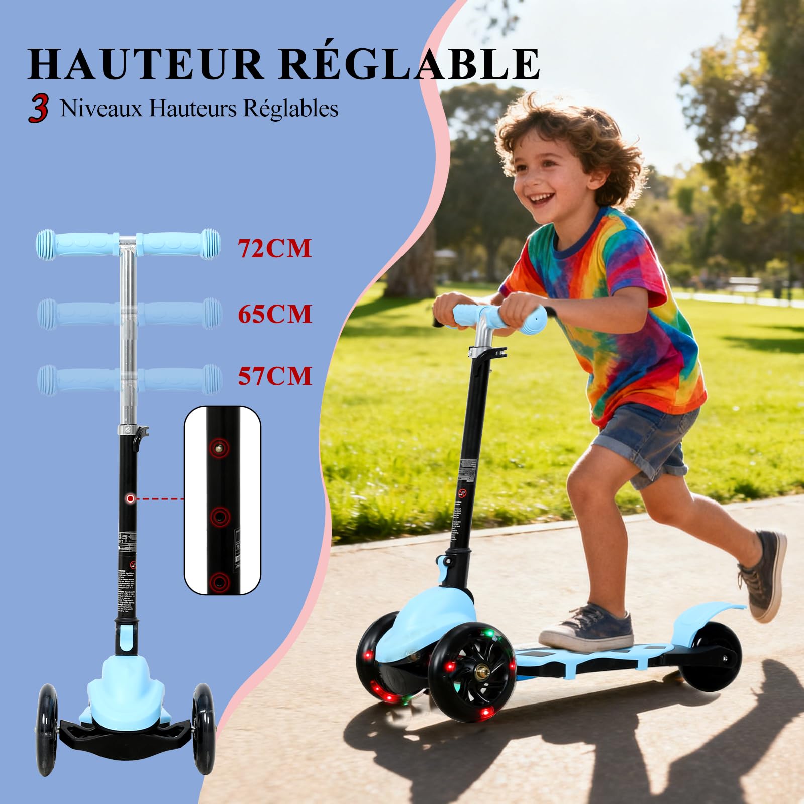 Trottinette Enfant Pliable Classique 3 Roues Antidérapant, Trotinette Enfant 2-5 Ans Guidon Réglable en Hauteur 3 Niveaux(57-72CM), Trottinette Adolescent Roue Lumineuse LED, Enfant 80~120 CM