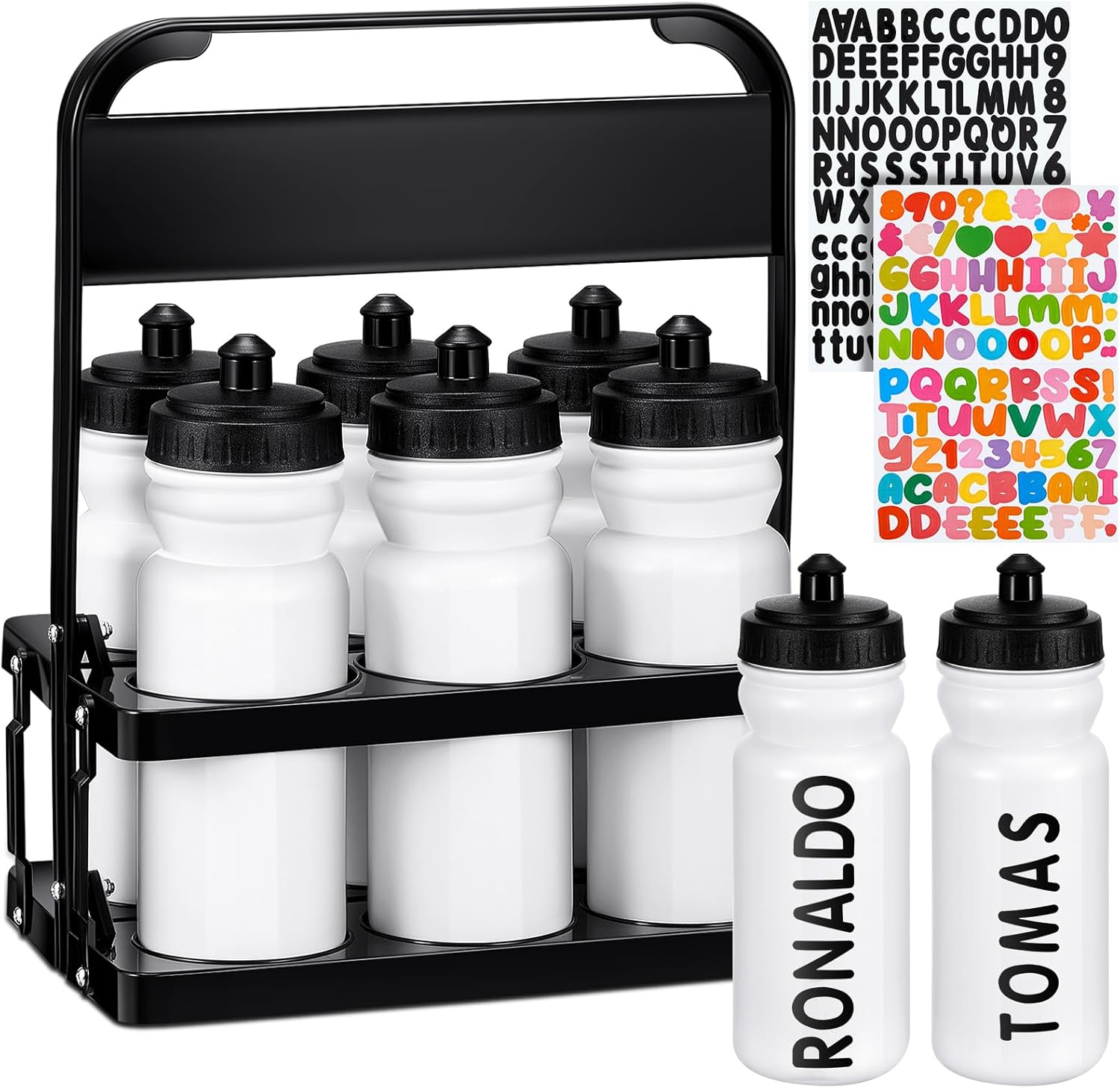 Suclain 7 Pcs Water Bottle Carrier with 20 Oz Bottles and Stickers Plastic Wide Mouth Sports Water Bottle Squeeze Team Bottles with Black Lid for Fitness Bike Gym (White)