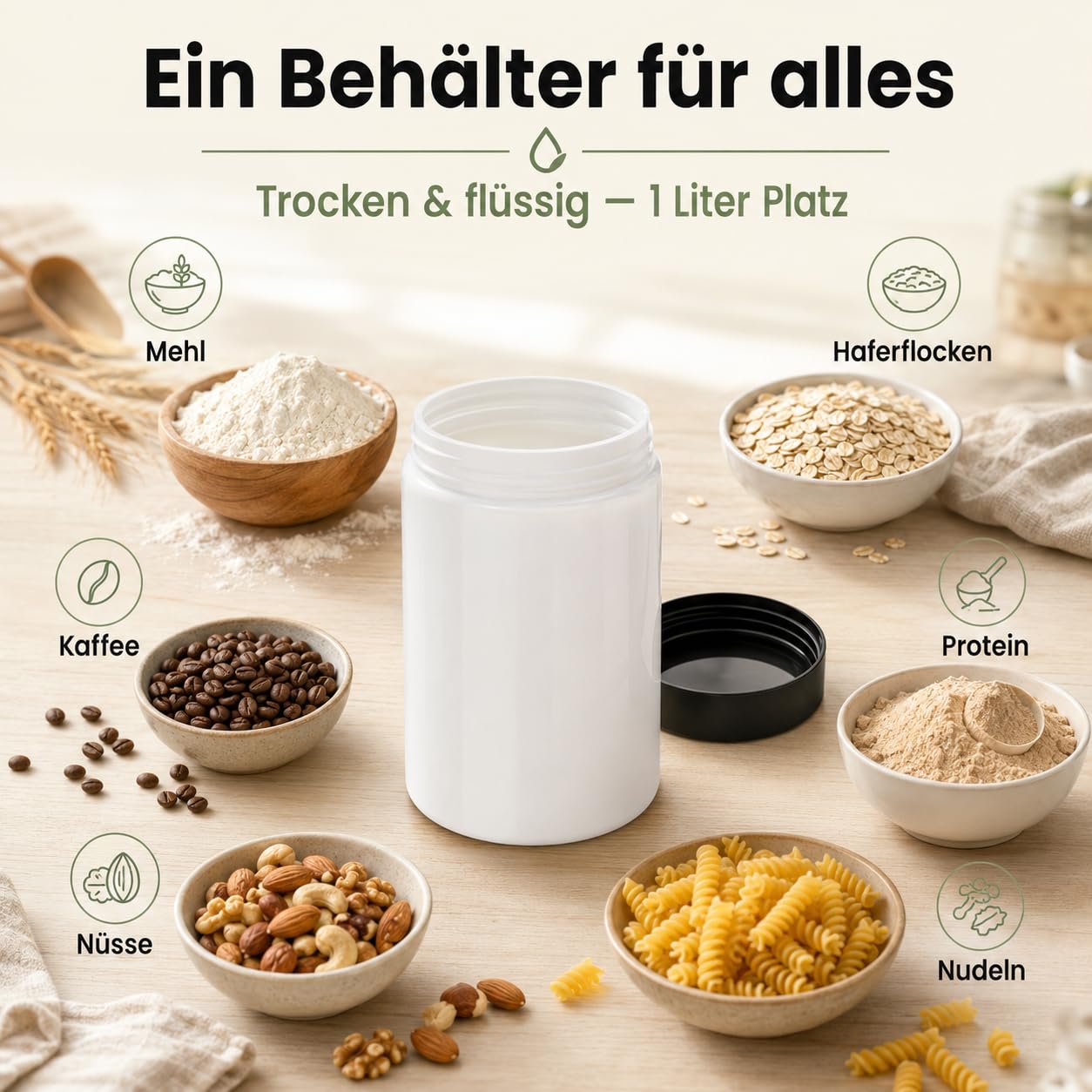 POSH Barattoli ermetici, 150 x 1 l, in PET per uso alimentare, con coperchio a vite, contenitori in plastica bianca con coperchio, per farina, caffè, tè, erbe, barattoli in plastica rotondi impilabili