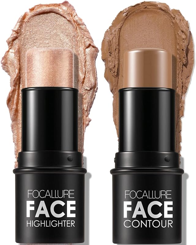 FOCALLURE 2 Pcs Mineral Cream Contour Stick,Moisturize Highlighter and Bronzer Pen,Non Stick Face Brightens & Shades Pencil,Long Lasting & Smooth Gliding Face Illuminator Makeup,Medium