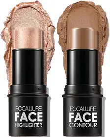 FOCALLURE 2 peças de bastão de contorno de creme mineral, iluminador hidratante e caneta bronzeadora, lápis antiaderente, iluminador facial de longa duração e suave, médio