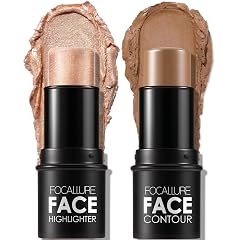 FOCALLURE 2 Pcs Mineral Cream Contour Stick Moisturize Highlighter and Bronzer Pen Non Stick Face Brightens Shades Pencil