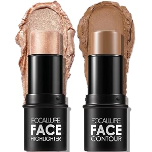 FOCALLURE 2 Pcs Mineral Cream Contour Stick Moisturize Highlighter and Bronzer Pen Non Stick Face Brightens Shades Pencil
