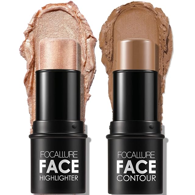 FOCALLURE 2 Pcs Mineral Cream Contour Stick Moisturize Highlighter and Bronzer Pen Non Stick Face Brightens Shades Pencil