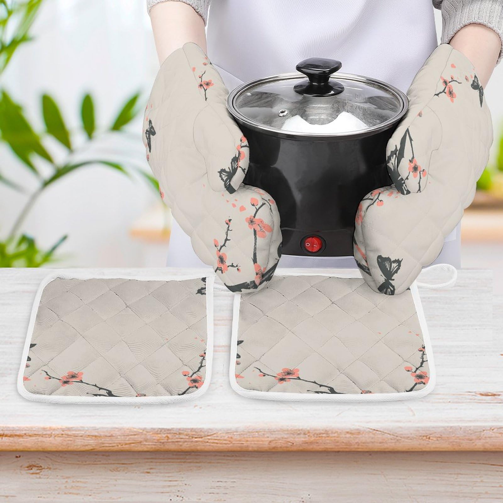 Set 4 Pezzi Guanti Da Forno E Presine - Resistente Al Calore Fino A 250°C, Cotone E Neoprene Antiscivolo, Per Cucina E Barbecue