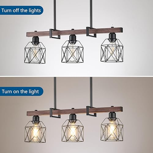 Miniatura 6 de Lámpara colgante industrial vintage de 3 luces sobre mesa, luz colgante ajustable con acabado de nogal y marco de metal negro mate, base E26 moderna