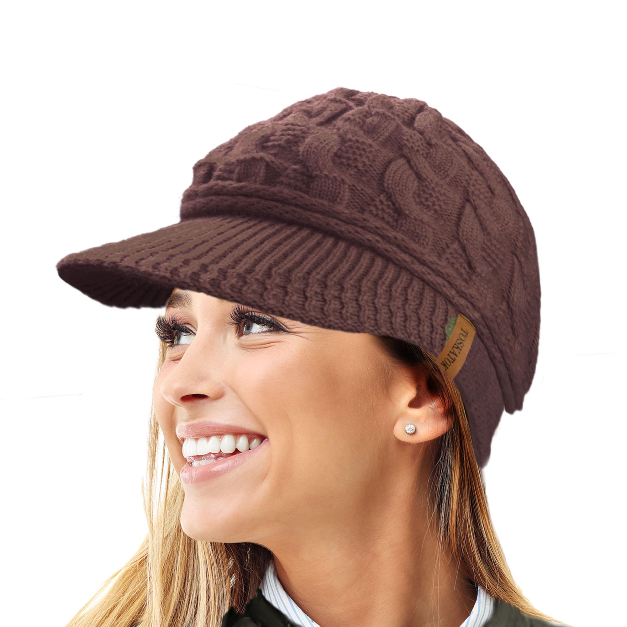 TOSKATOK Ladies Peaked Cable Knit Warm R80 Teddy Fleece Lined Beanie Winter Hat Cap-Chocolate