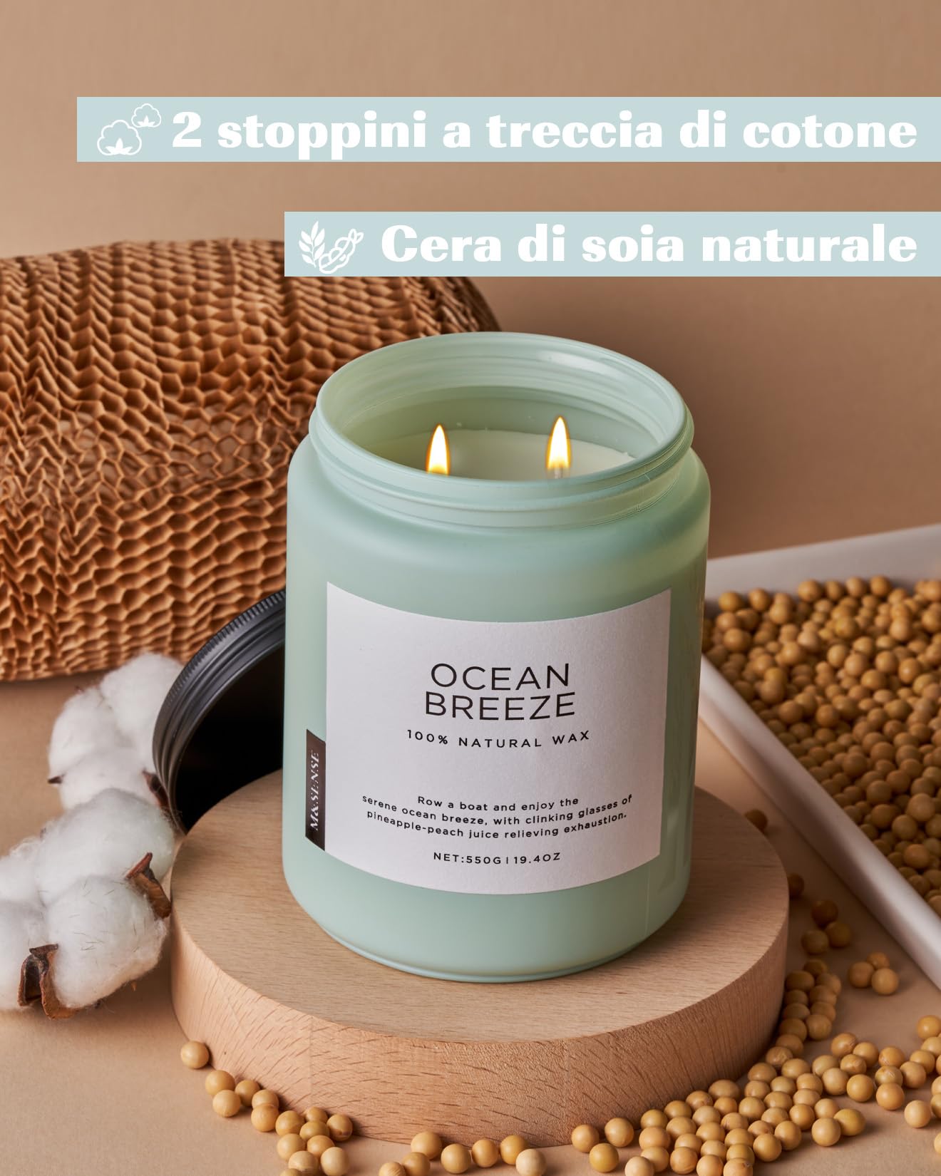 M&SENSE Candela profumata di brezza oceanica, candela grande profumata da 110 ore, candele di soia naturali a 2 stoppini al profumo di ananas e mango per la casa, regali di candele per donne/uomini