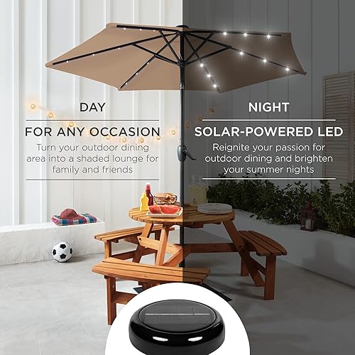 Vista 139 de Best Choice Products - Sombrilla solar de 7.5 pies para exteriores, patio, mesa, mercado, terraza, piscina con inclinación, manivela, luces LED