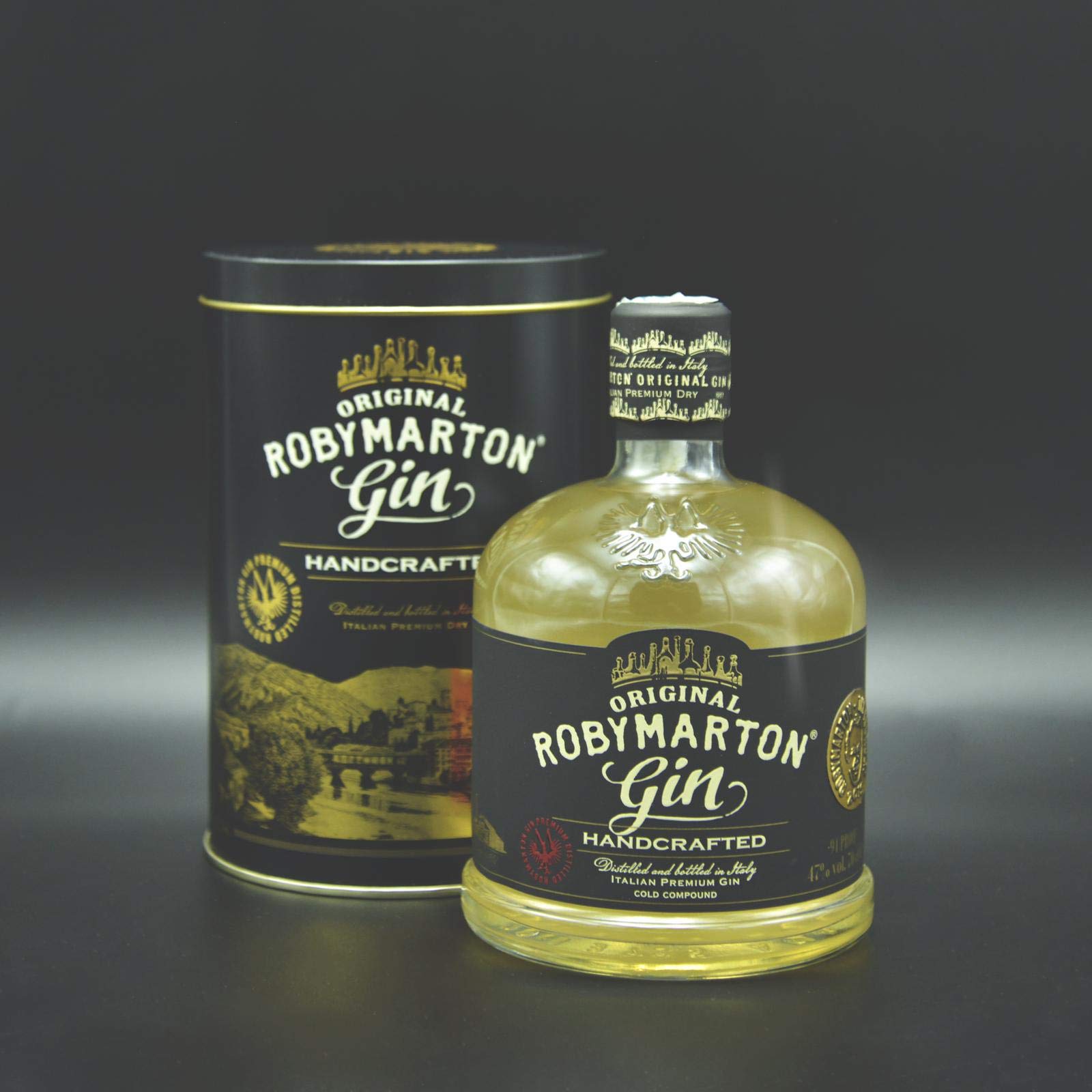 Robymarton Gin - Original Italian Premium Gin - Gusto Speziato con 11 Botaniche - In Confezione Regalo con Latta Serigrafata Originale - Ideale per Gin Tonic e Cocktail Gourmet - 70cl - 47% vol.