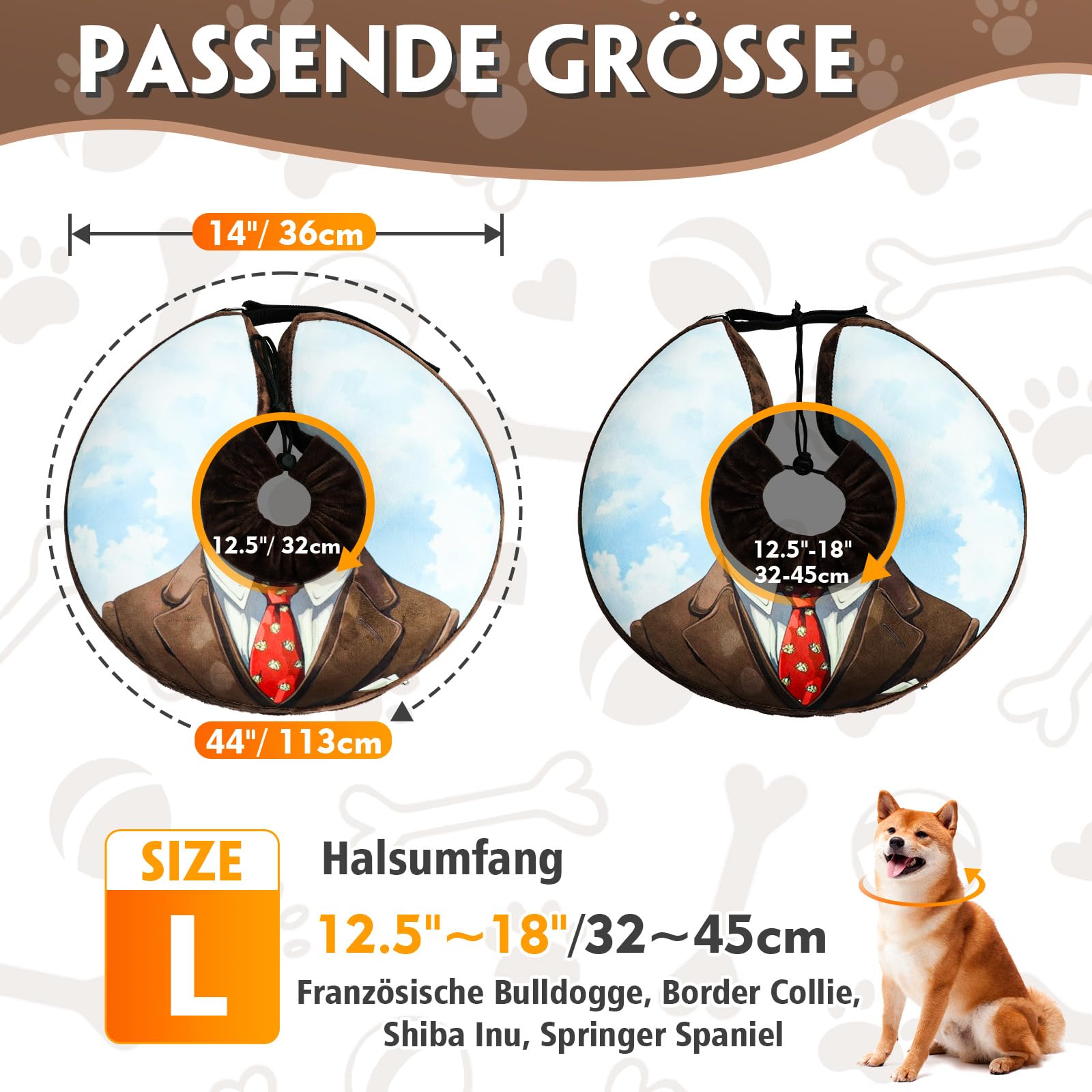 Aufblasbare Halskrause für Hunde & Katzen - Weicher Leckschutz-Kragen mit verstellbarem Kordelzug, Ideal nach Operationen oder bei Wunden, Sicht bleibt frei, L