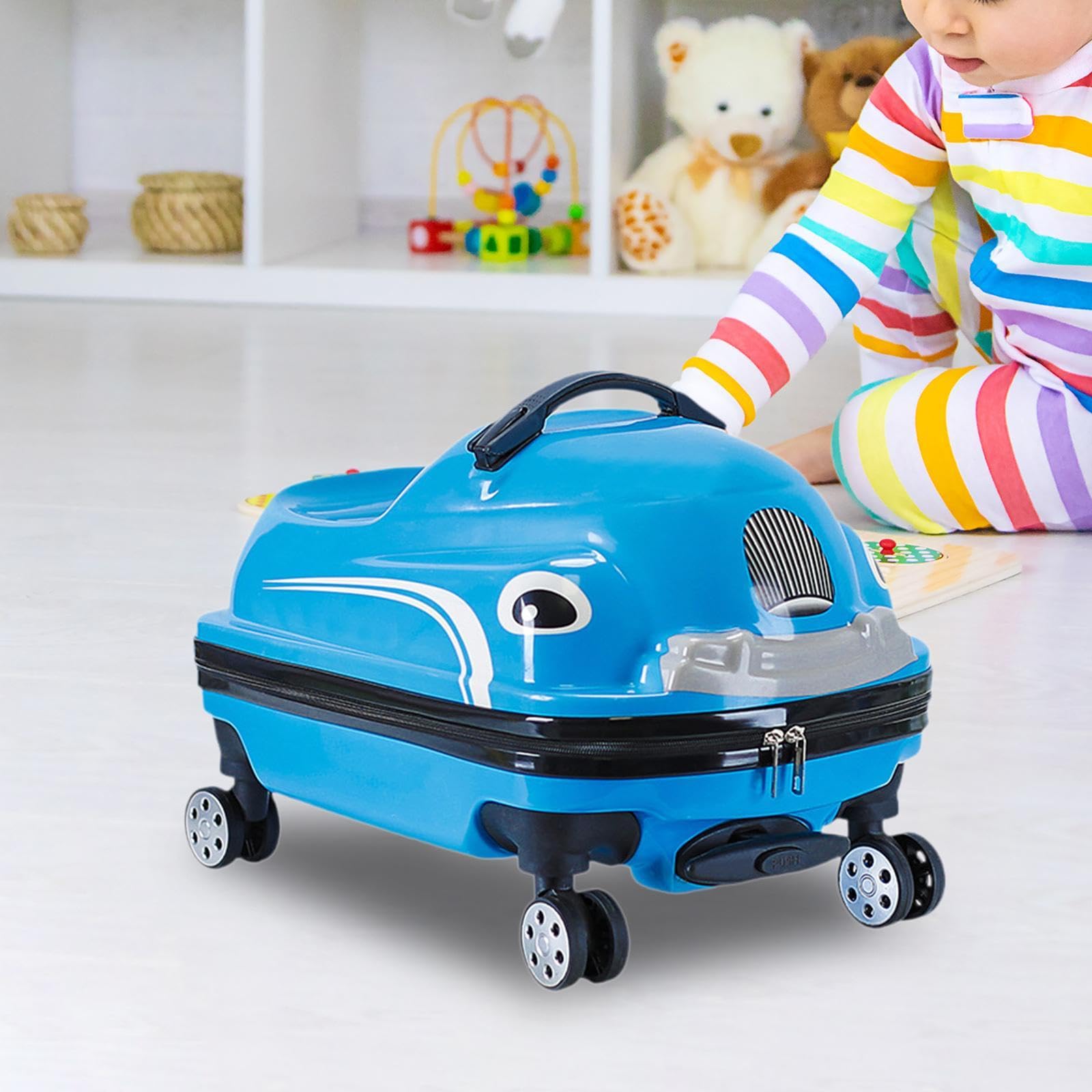 Ride On 20 Ride On Trolley Bambini Valigia Ruote Car Design Cartoon Adatto a Viaggi Scuola Regalo Bambini, Blu