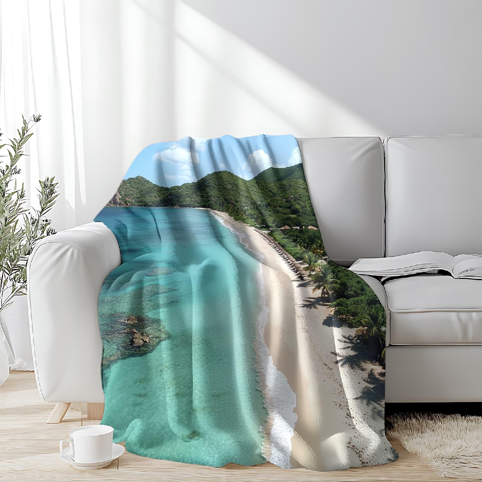 Plaid Couverture Polaire Flanelle, Jeté de Canapé 180x200 cm OcéAn des Montagnes Vertes Couverture lit 2 Personnes, Couverture Grand Chaud et Doux en Flanelle pour Toutes Les Saisons, Paysage Naturel