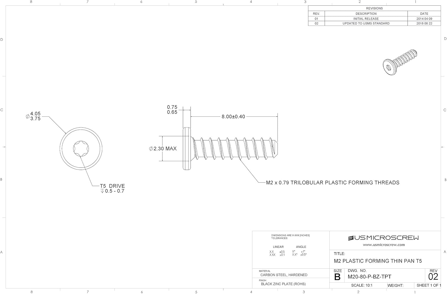 M2 X 8mm Plastic Thread Forming Screw Black Zinc Plated Steel Thin Pan Head 6Lobe Drive (100