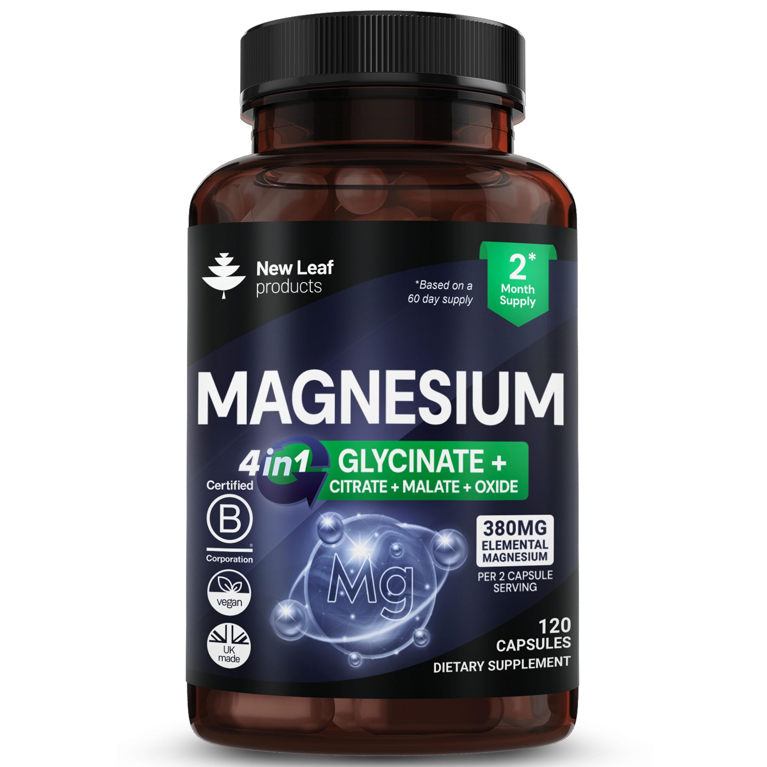 Magnesium Glycinate 4-in-1 Complex 1836mg - 380mg Elemental Magnesium High Strength Magnesium Supplements - Magnesium Bisglycinate,Citrate, Malate, Oxide - 120 Capsules - Vegan UK Made By New Leaf