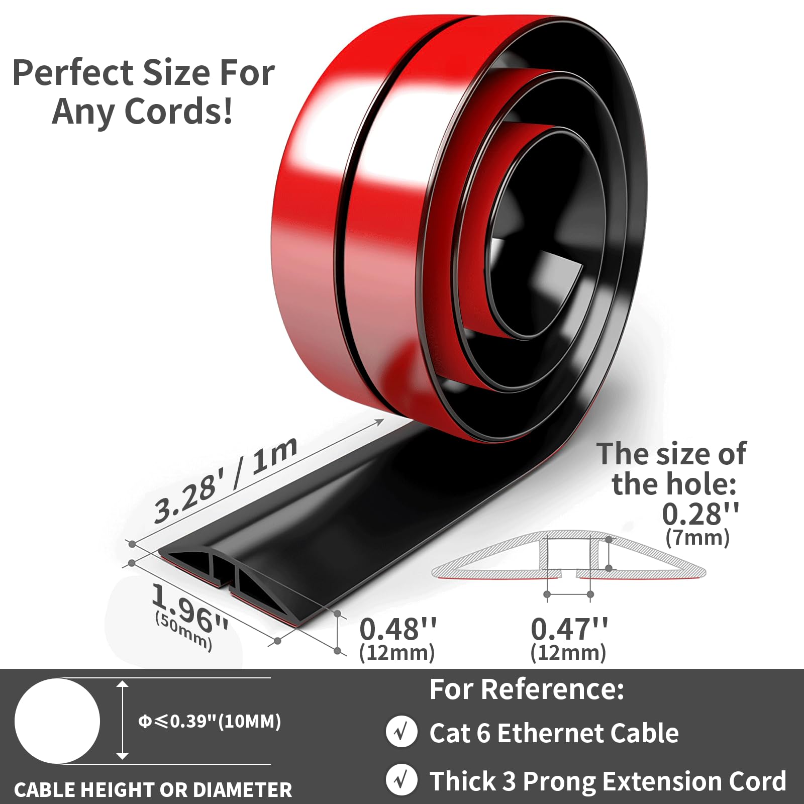 Protezioni per Cavi a Pavimento, 1M x5cm Autoadesivo Copricavi per Pavimento Passacavo a Pavimento Perfetti per Tutti i Cavi di Alimentazione a Casa, Ufficio,Scuola,Magazzino (Nero -Arrotondato) - 3