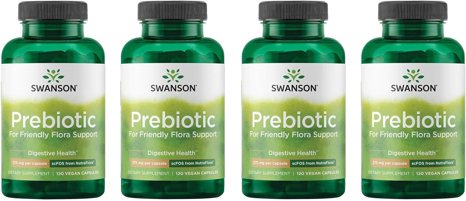 Swanson Prebiotic Capsules - Promotes Friendly Flora Support & Overall Digestive Health - Prebiotic Fiber Promoting Gut Health & Immune Health Support - (120 Veggie Capsules, 750mg Each) 4 Pack