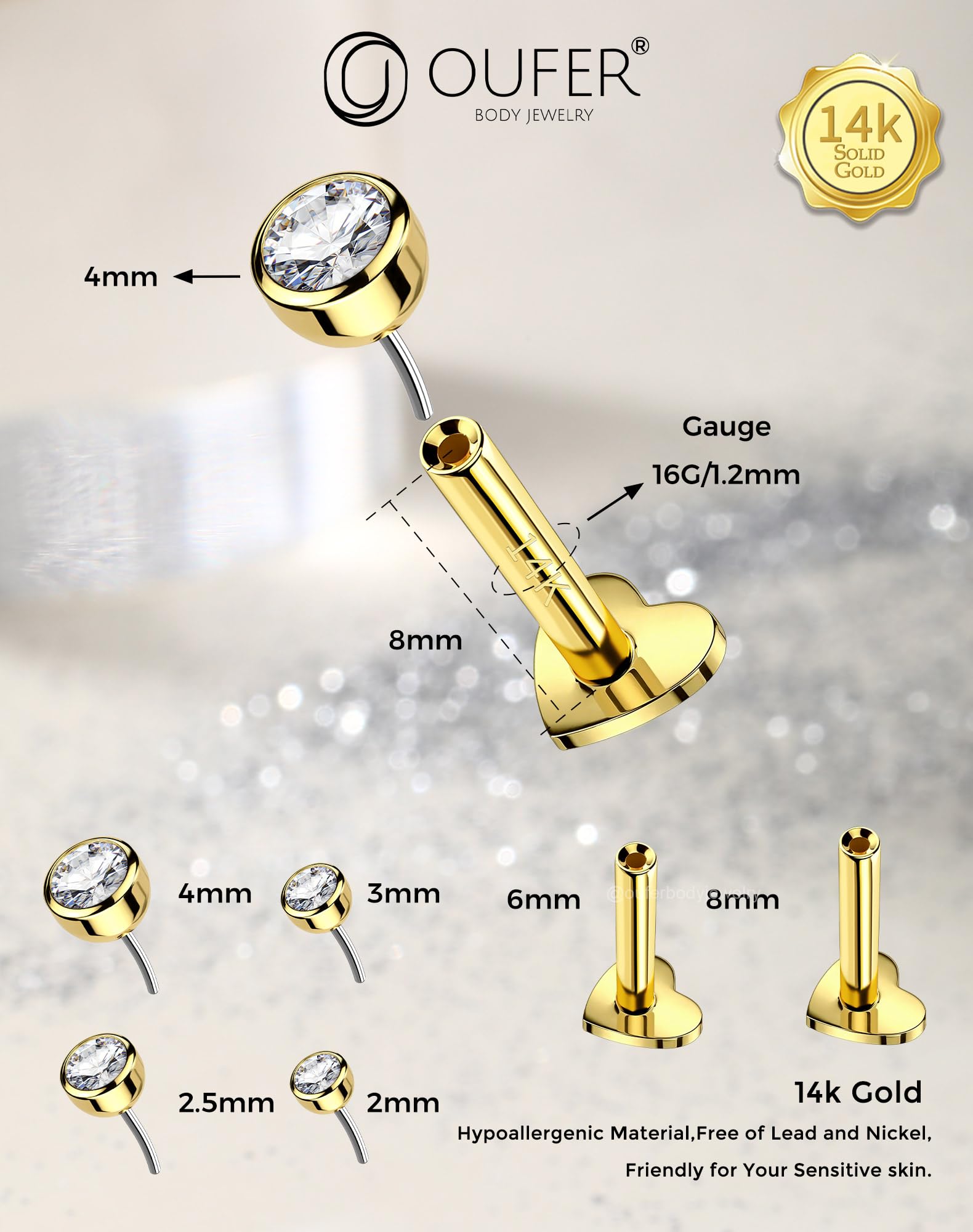 OUFER Body Piercing Threadless 14K Gold Helix Earrings 16G Labret Piercing Jewellery Heart Push in Lip Stud Bar Clear CZ Tragus Conch Piercing Cartilage Earrings