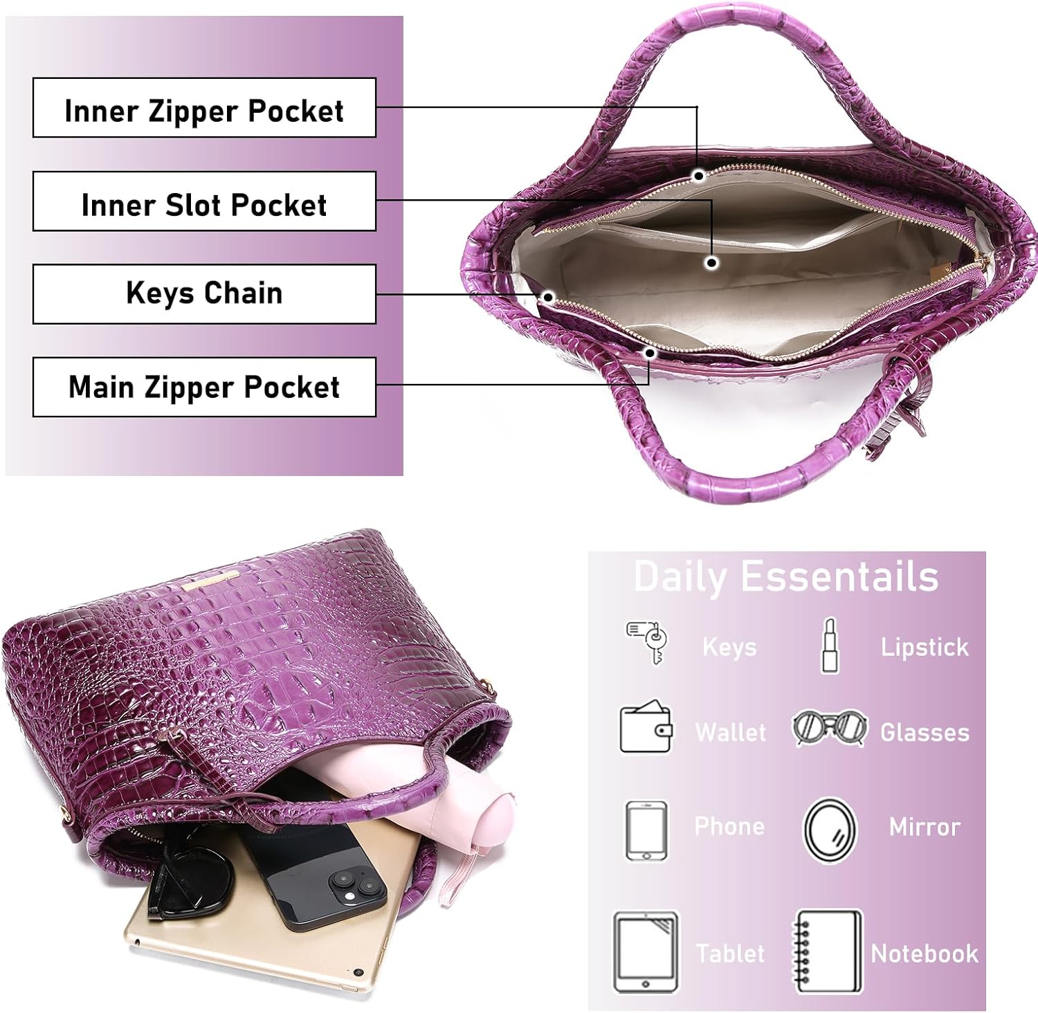 Crocodile Pattern Gradient Top Handle Satchel Large Capacity Tote Bag Casual Versatile Commuter Bag Leather | Crocodile Pattern, Gradient, Top Handle, Large Capacity, Casual, Versatile - Image 5