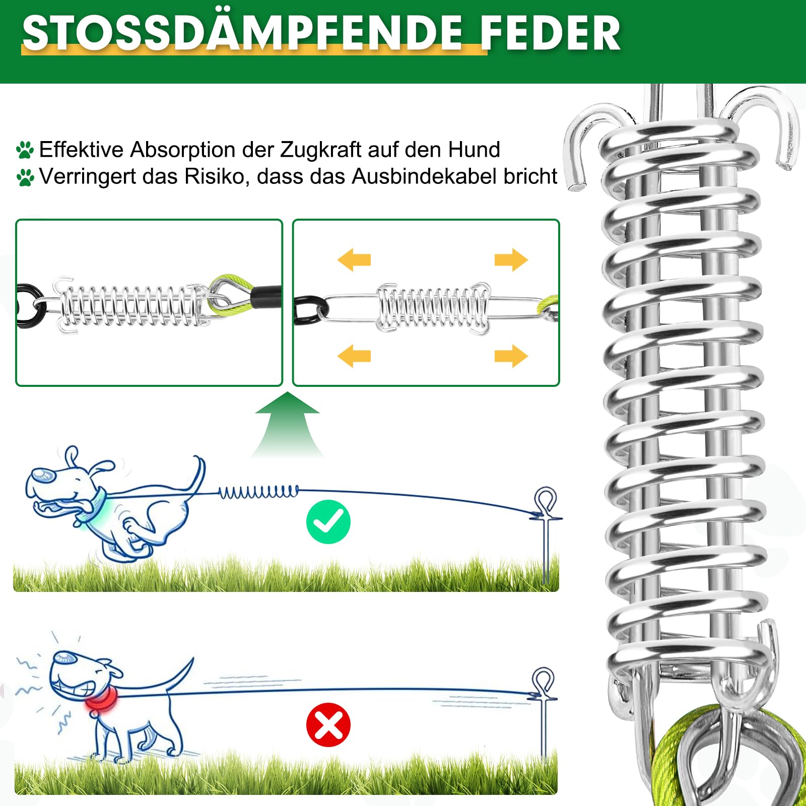 Hofleine para perros, 9 m Hofleine Hofleine Tie Out Lino, cable para perros con cierre de rosca, correa de patio con muelle amortiguador de hasta 1000 kg, correa resistente a mordeduras para camping