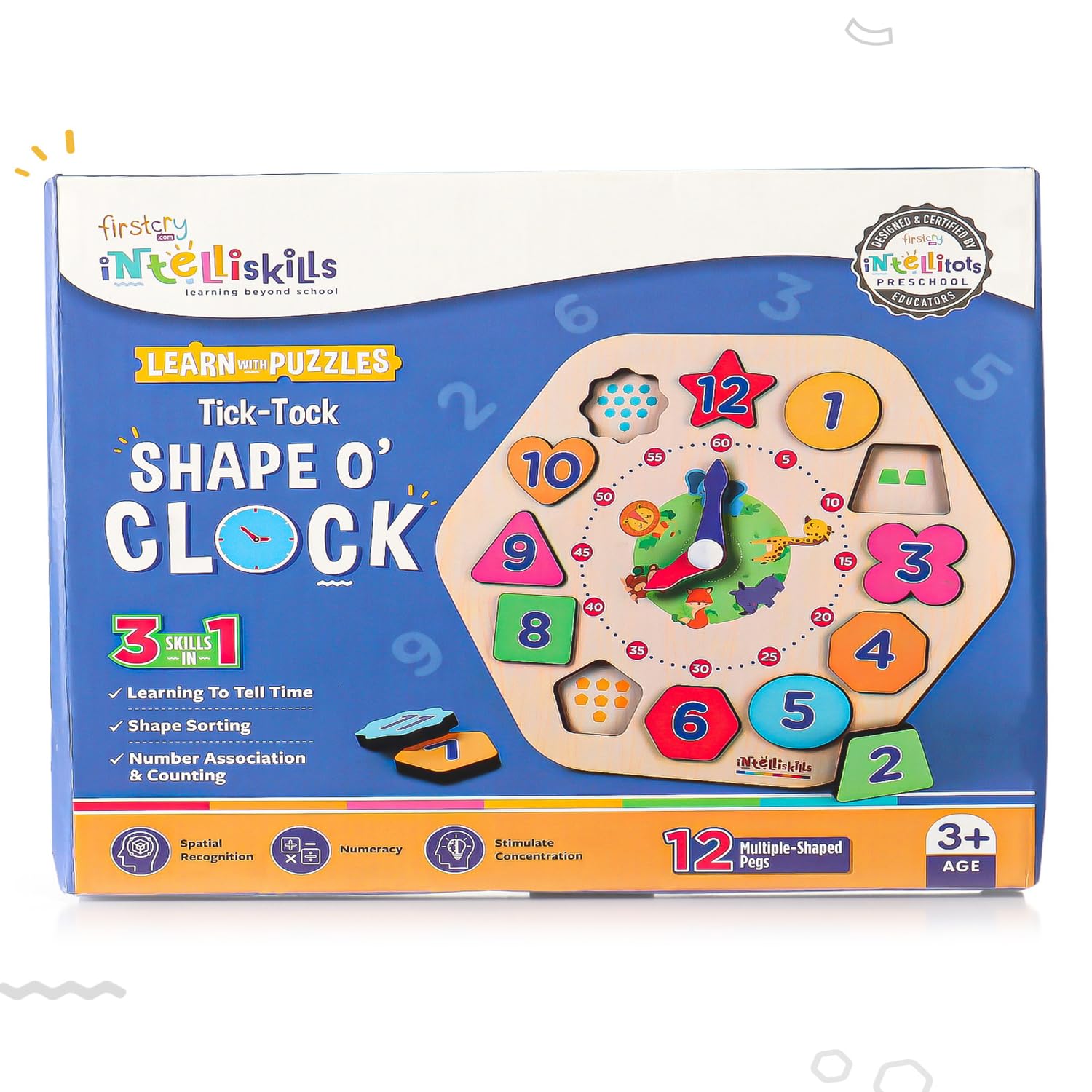 FIRSTCRY INTELLISKILLS Premium Tick-Tock O' Shape Stacking & Sorting Wooden Clock,Time Learning Clock Puzzle for kids, Early Learning & Educational Montessori Toys for 2+ Years,12 Shapes,Birthday Gift - Image 7 thumbnail
