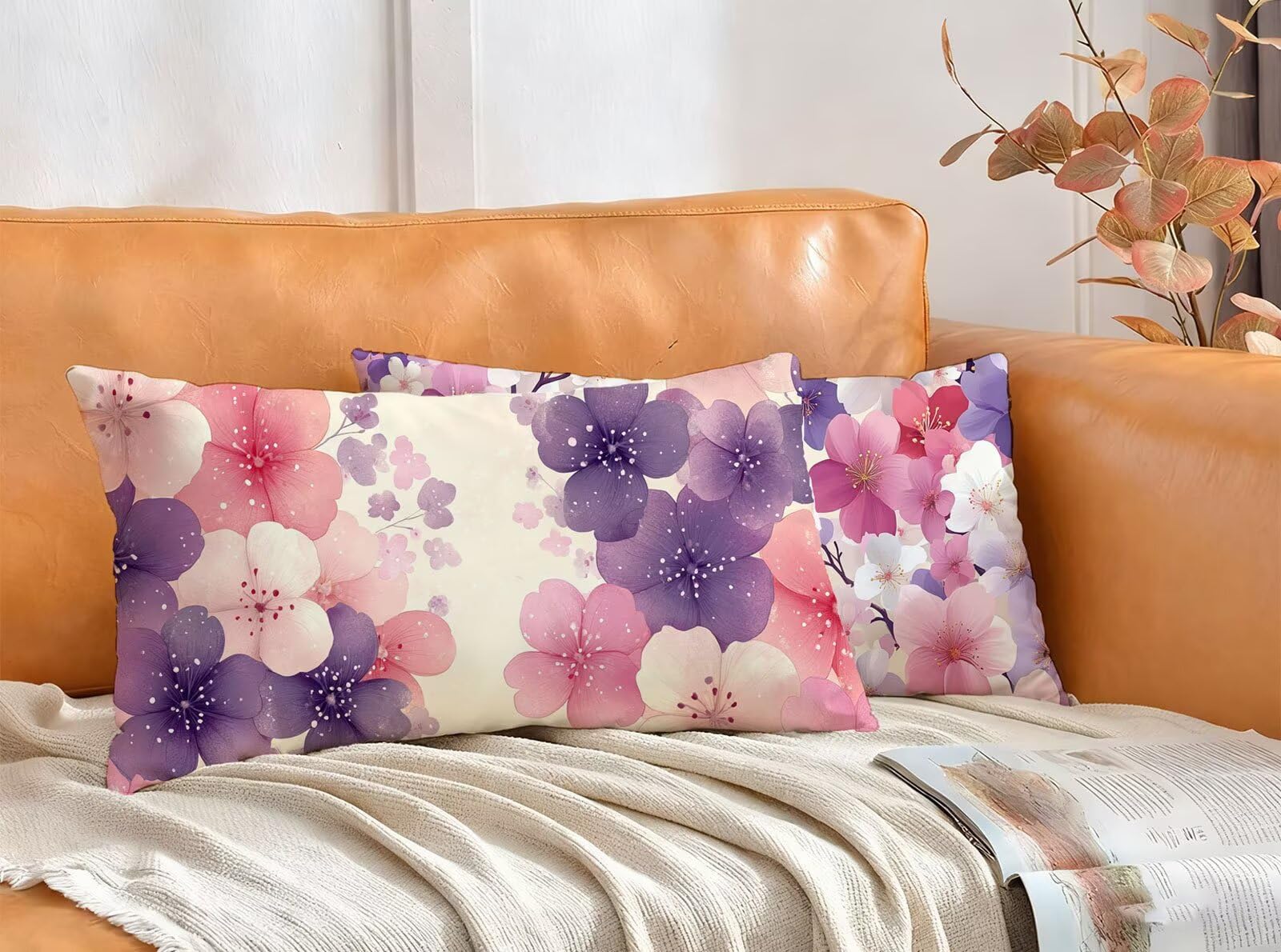 Federa Cuscino 70x90 cm Set di 2 Cuscino Viola Velluto Copricuscini Rettangolari Federe Cuscini Divano 70 x 90 Fiore Stampa a Doppio Lato per Camera da Letto Soggiorno Decorazioni Autunnali EM-1449