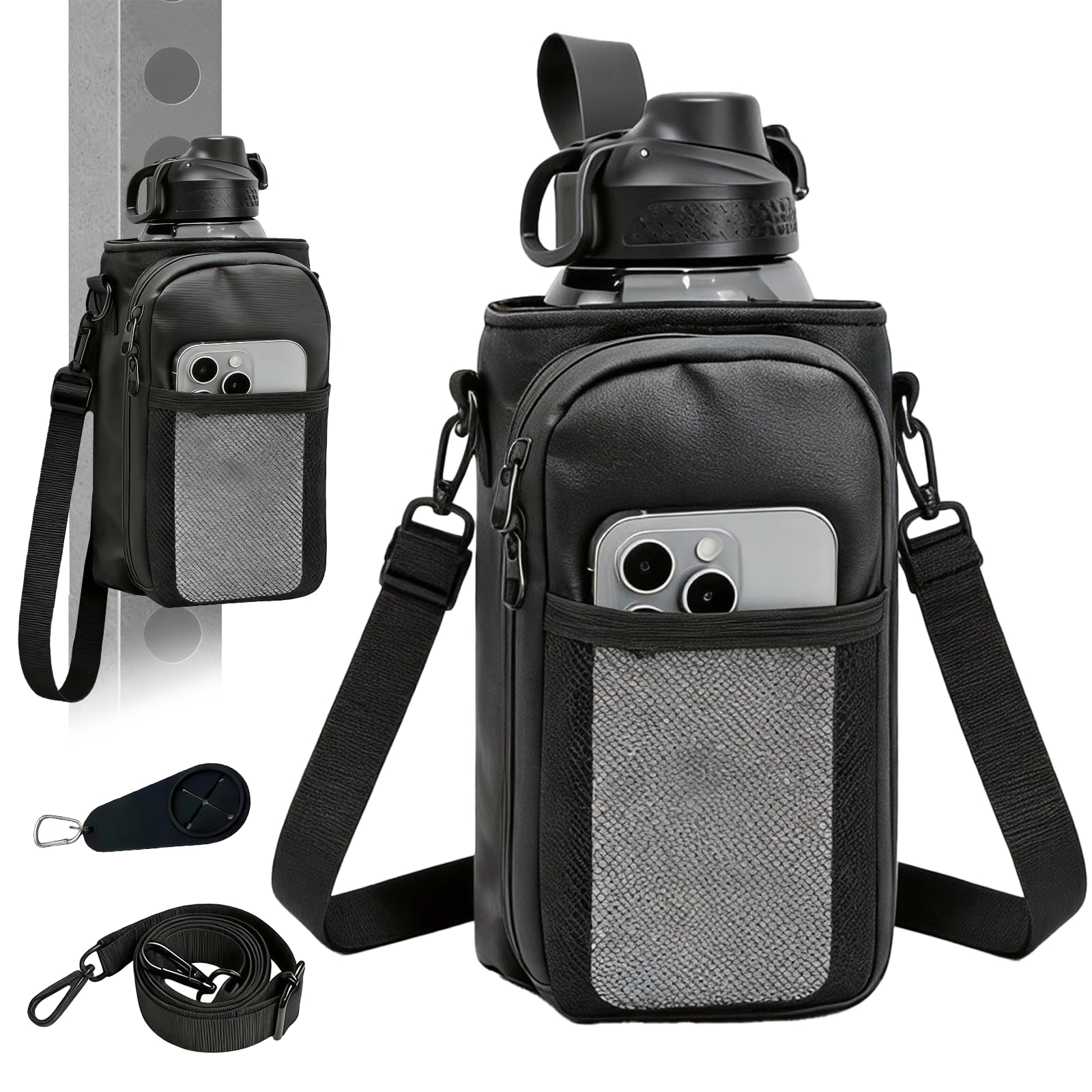 Magnetic Gym Bag Water Bottle Carrier Holder with Shoulder Strap & Phone Pocket, Gym Magnetic Bag with Towel Hook, Gym Accessories Organizer for Men Women