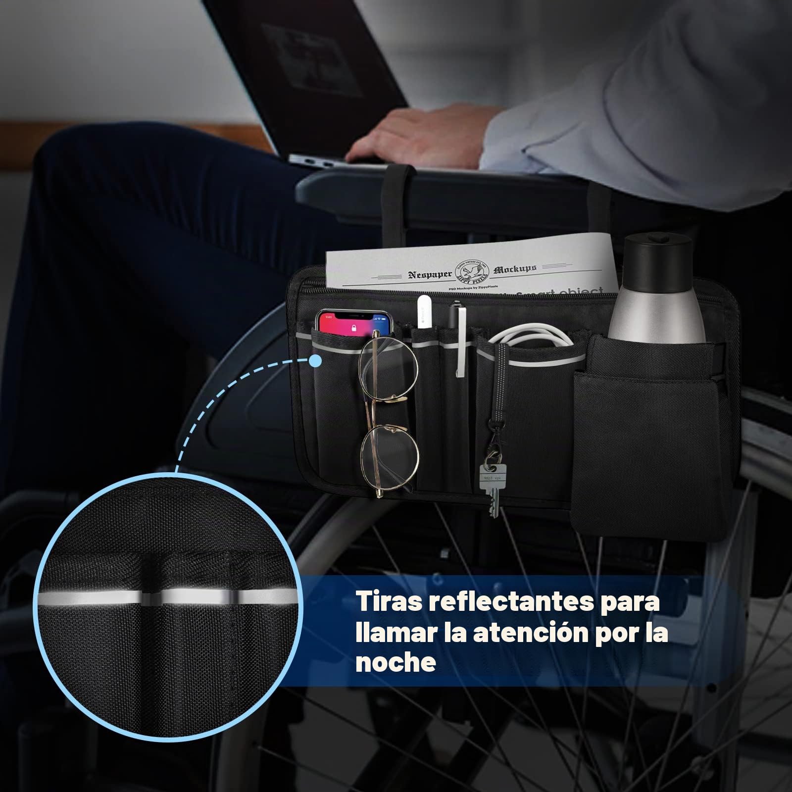 FINPAC Bolsa de Andador con Soporte para Bolígrafo, Plegable Silla de Ruedas Estuche con Tiras Reflectantes, Organizador de Accesorios para Walkers, Mobility Scooters, Rollators, (Negro)