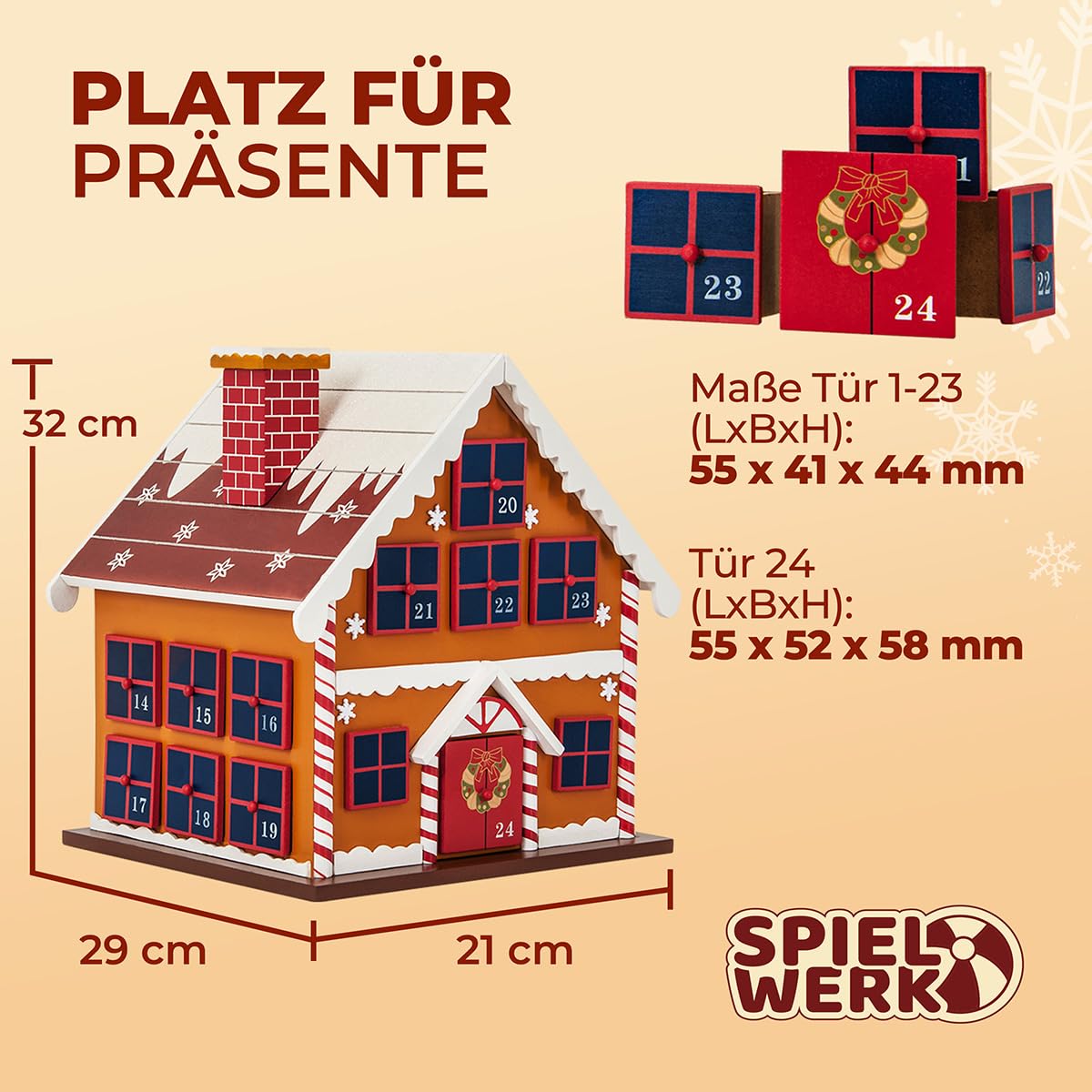 SPIELWERK® Adventskalender Winterhäuschen zum Befüllen 24 Türchen wiederverwendbar Bunt Bemalt Weihnachten Kinder DIY weihnachtliche Holz Dekoration