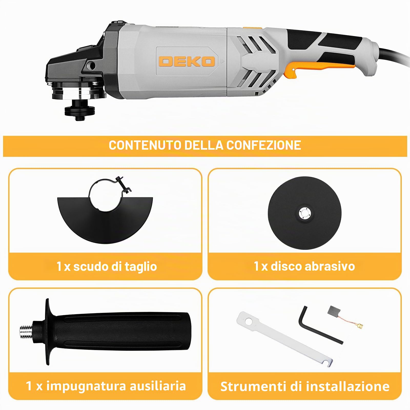DEKOPRO Smerigliatrice Angolare: 230mm 2200W Smerigliatrice Angolare Elettrica con Cavo, Velocità 6500 RPM, per Tagliare, Lucidare e Smerigliare, con Manici Lunghi