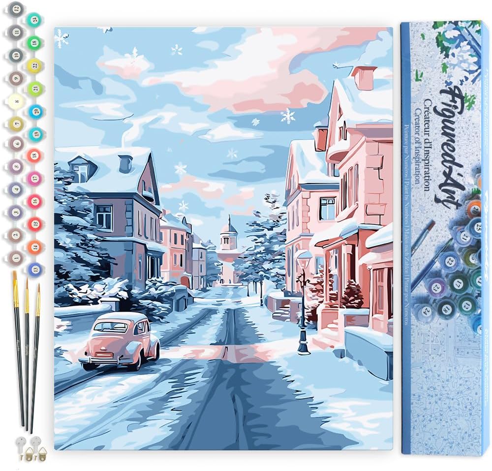 Figured'Art Paint by Numbers for Adults Snowy City Morning 16x20in - Craft Art Painting DIY Kit Rolled Canvas Without Frame