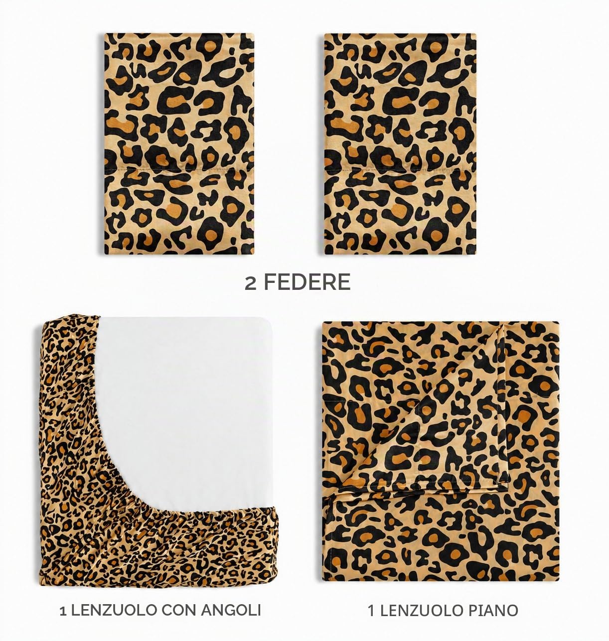 Elite Home Products, Inc. - Set di lenzuola lussuose in raso, 4 pezzi, per letto matrimoniale, motivo leopardato
