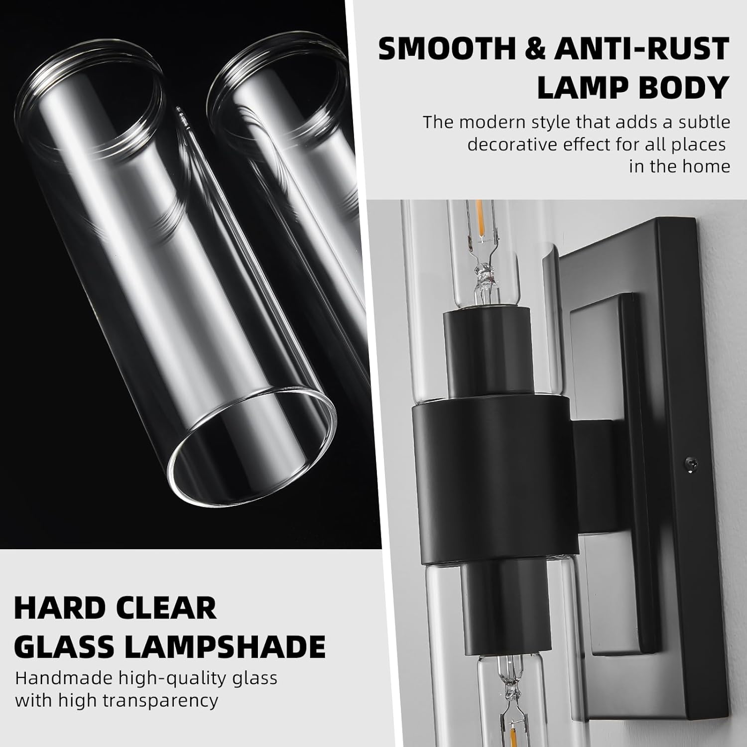 Black Wall Sconces Set of Two,Modern Bathroom Light Fixtures,2-Light Sconces Wall Lighting with Thickened Tempered Clear Glass,19 in Indoor Hardwired Wall Lights for Bedroom,Mirror, E26 Base