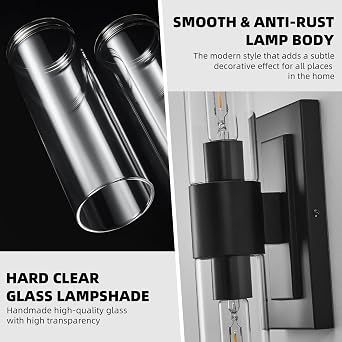 Black Wall Sconces Set of Two,Modern Bathroom Light Fixtures,2-Light Sconces Wall Lighting with Thickened Tempered Clear Glass,19 in Indoor Hardwired Wall Lights for Bedroom,Mirror, E26 Base