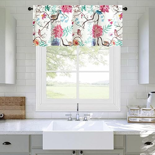 Miniatura 114 de VOGOL Cenefas con patrón de pájaros para ventanas de cocina, cenefa texturizada de lino con estampado floral y pájaros para ventanas pequeñas