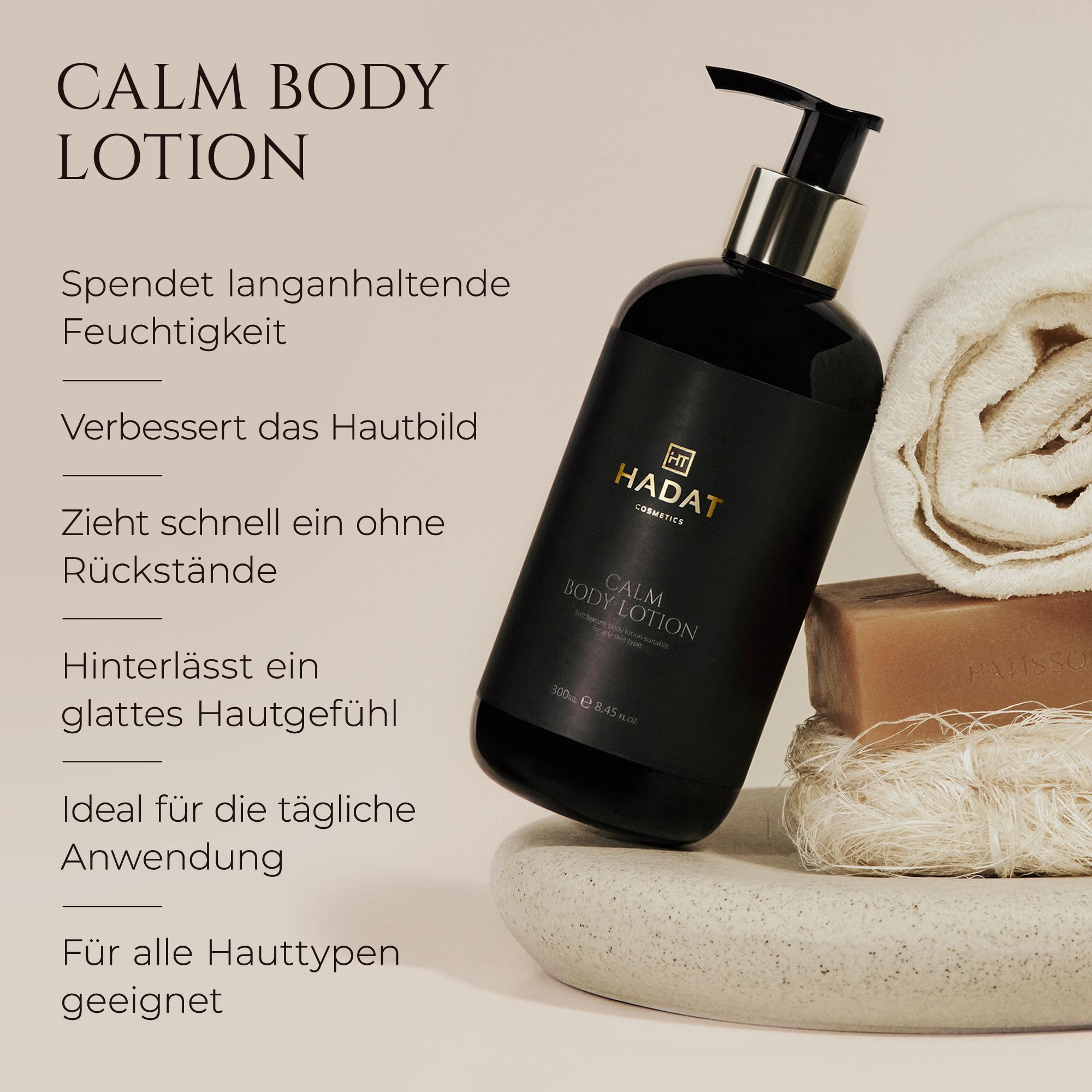 HADAT Calm Body Lotion - Feuchtigkeitspflege mit Kokosöl Aloe Vera Hanfsamenöl Schnell Einziehend für Weiche Glatte Haut Tägliche Pflege Luxuriöser Blumenduft, 300 ml