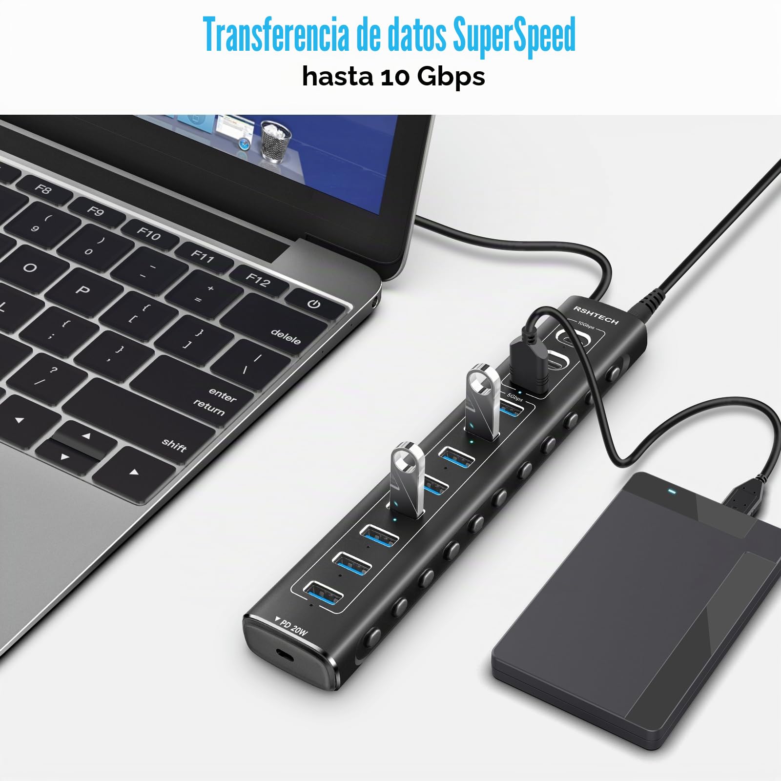 Hub USB Alimentado, RSHTECH 11 Puertos Hub USB 3.2 con Alimentación 60W(12/5A), Puerto Datos USB 10Gbps (2*Tip-C, 1*Tip-A), 7*5Gbps USB 3.0 y 20W PD, Divisor USB Aluminio con Cable 2 en 1, RSH-A11PD