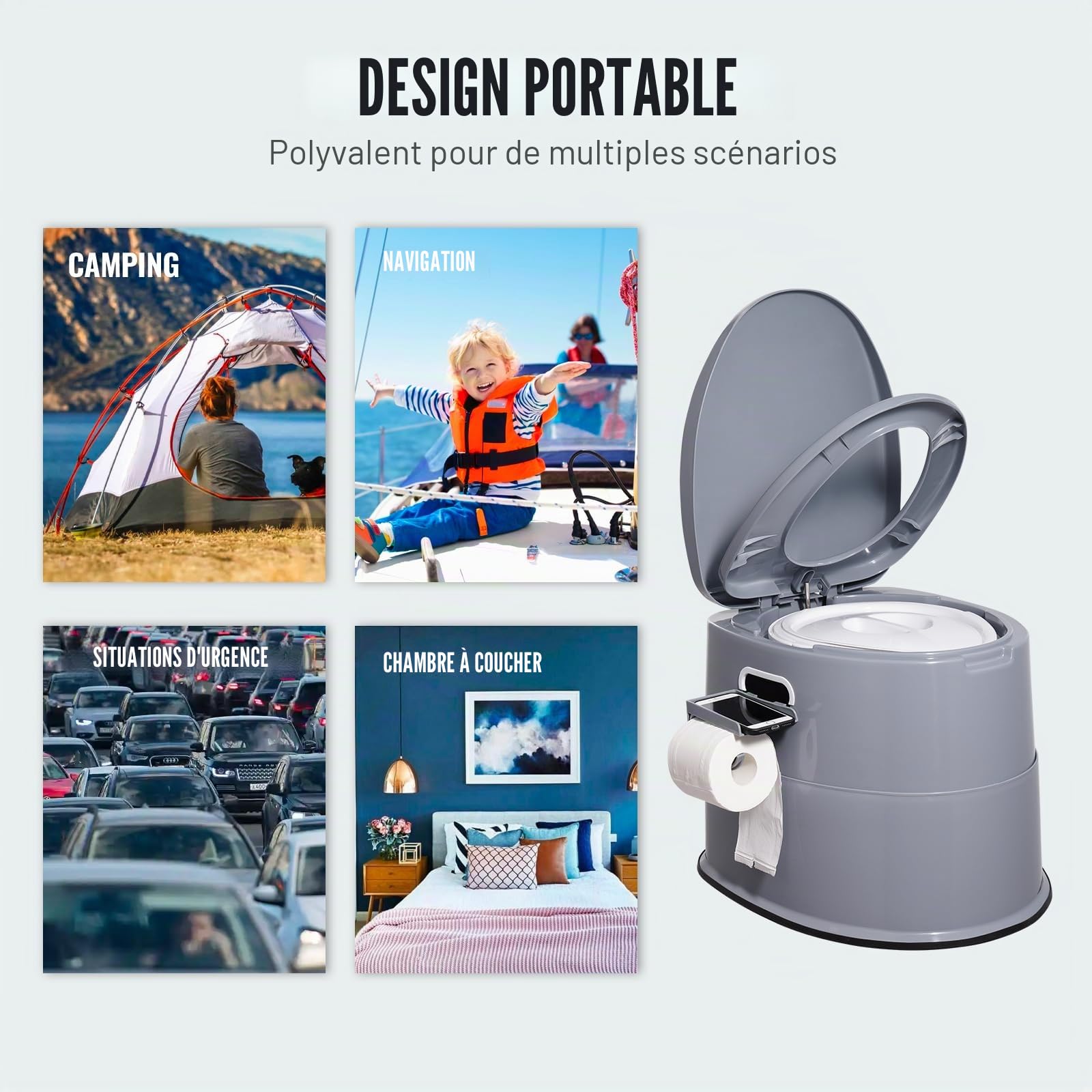 VEVOR Toilette Portable avec Réservoir à Matières 5 L Toilette de Camping avec Porte-Papier et Support de Téléphone sans Odeur WC de Voyage pour Camping-car Caravane Chambre à Coucher Femmes Enceintes