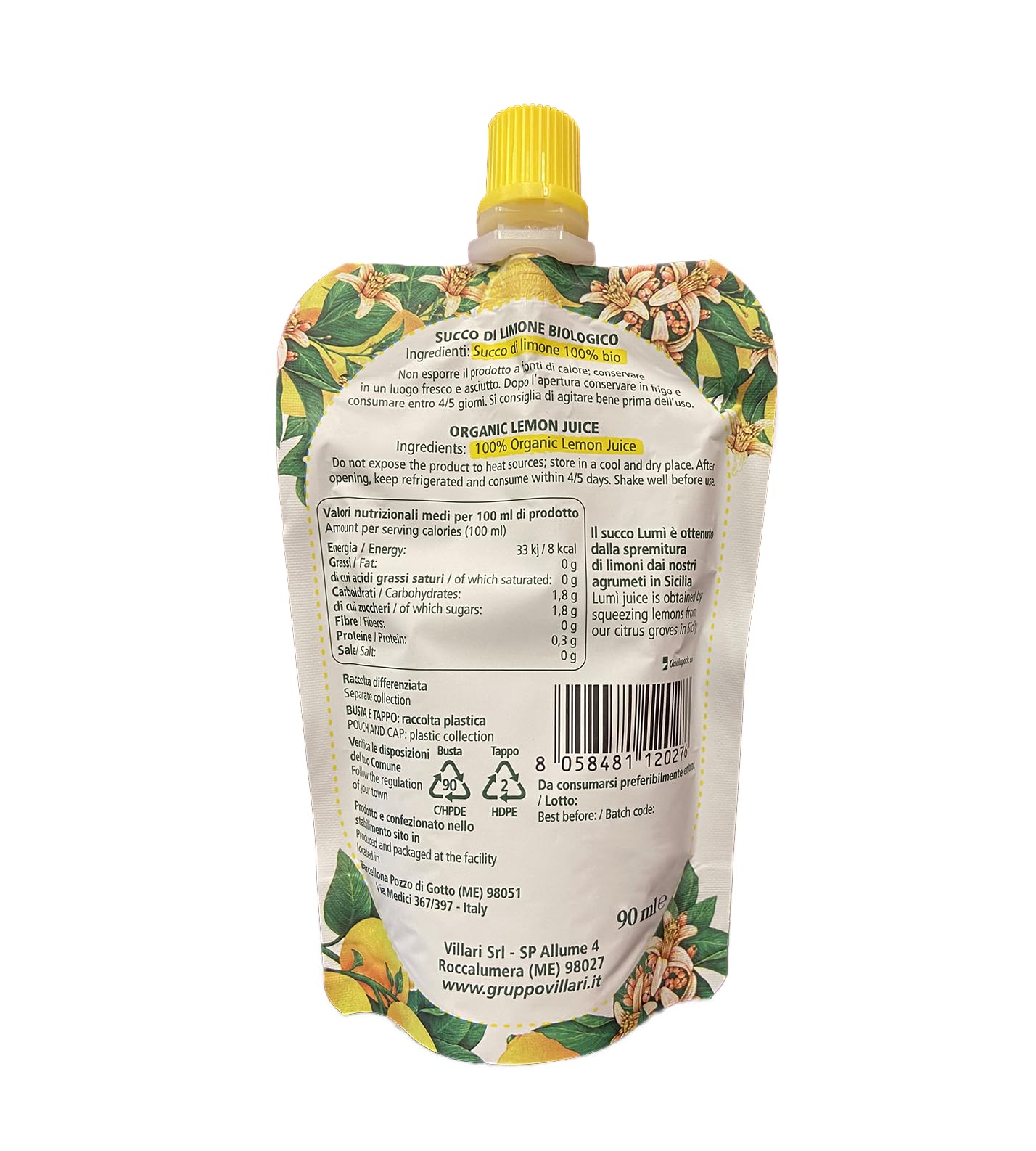 Succo di limone Lumì BIO 100% naturale in espositore da 15 pouch da 90ml