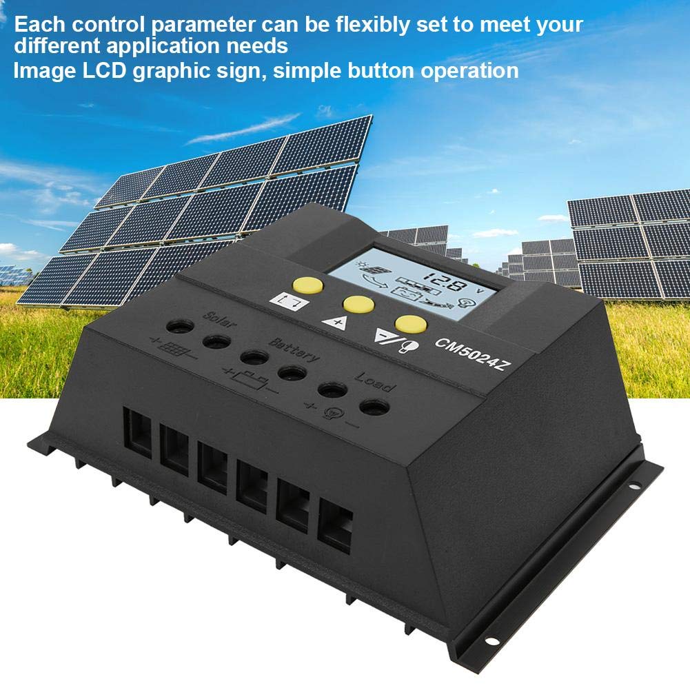 Regolatore di Carica Solare PWM 12V24V CM5024, Controller di Carica e Scarica Solare Intelligente e Multiuso, Display LCD, Nero