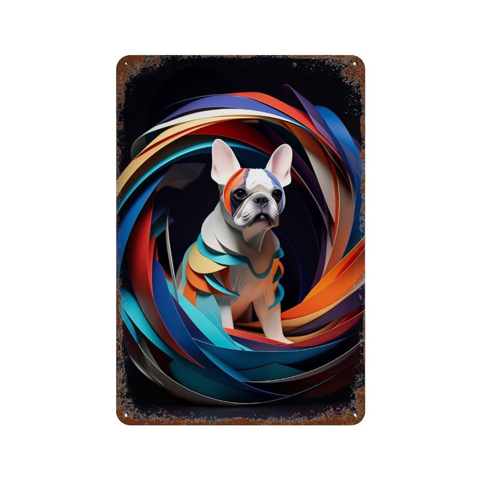 Distressed Metal Wall Sign Colorful French Bulldog 11.8"x7.9", Old School Wall Decor for Bistro, Counter And Cafe Decor