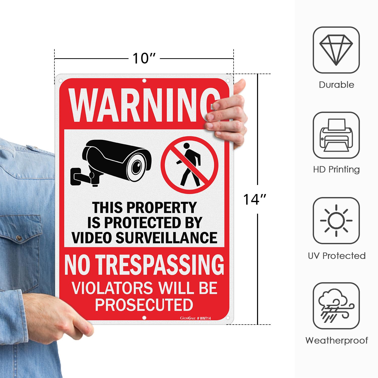 Lot De 2 Panneaux Aluminium GicnKeuz "Propriété Sous Vidéosurveillance" 35,6x25,4 Cm - Réfléchissants, Résistants UV, 7 Ans
