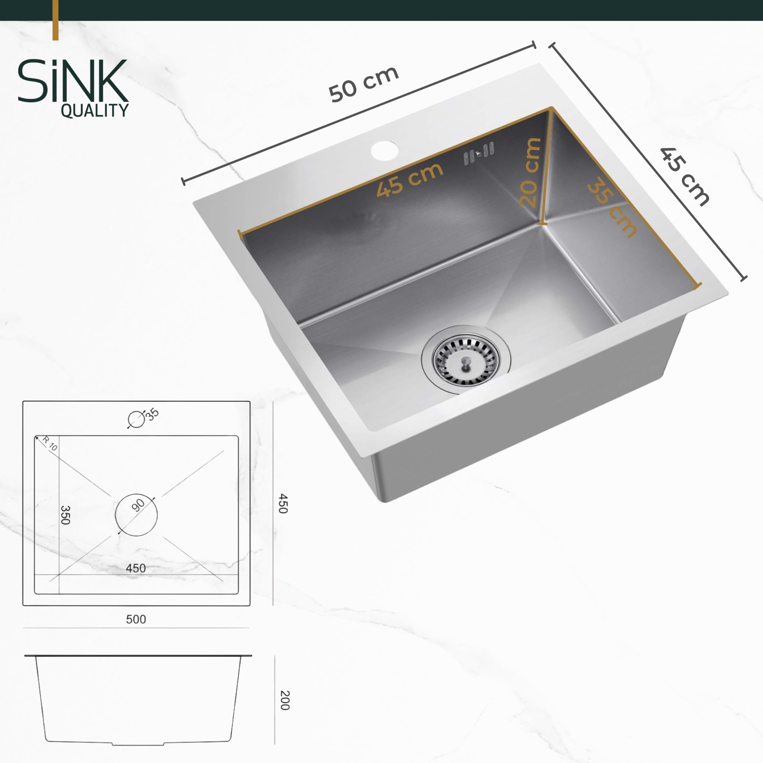 Sink Quality zlewozmywak ze stali nierdzewnej 50 x 45 cm – odporna na zarysowania powłoka PVD i oszczędzający miejsce syfon, zlewozmywak ze stali nierdzewnej 304 do szafki pod umywalkę 50 cm, łatwy w