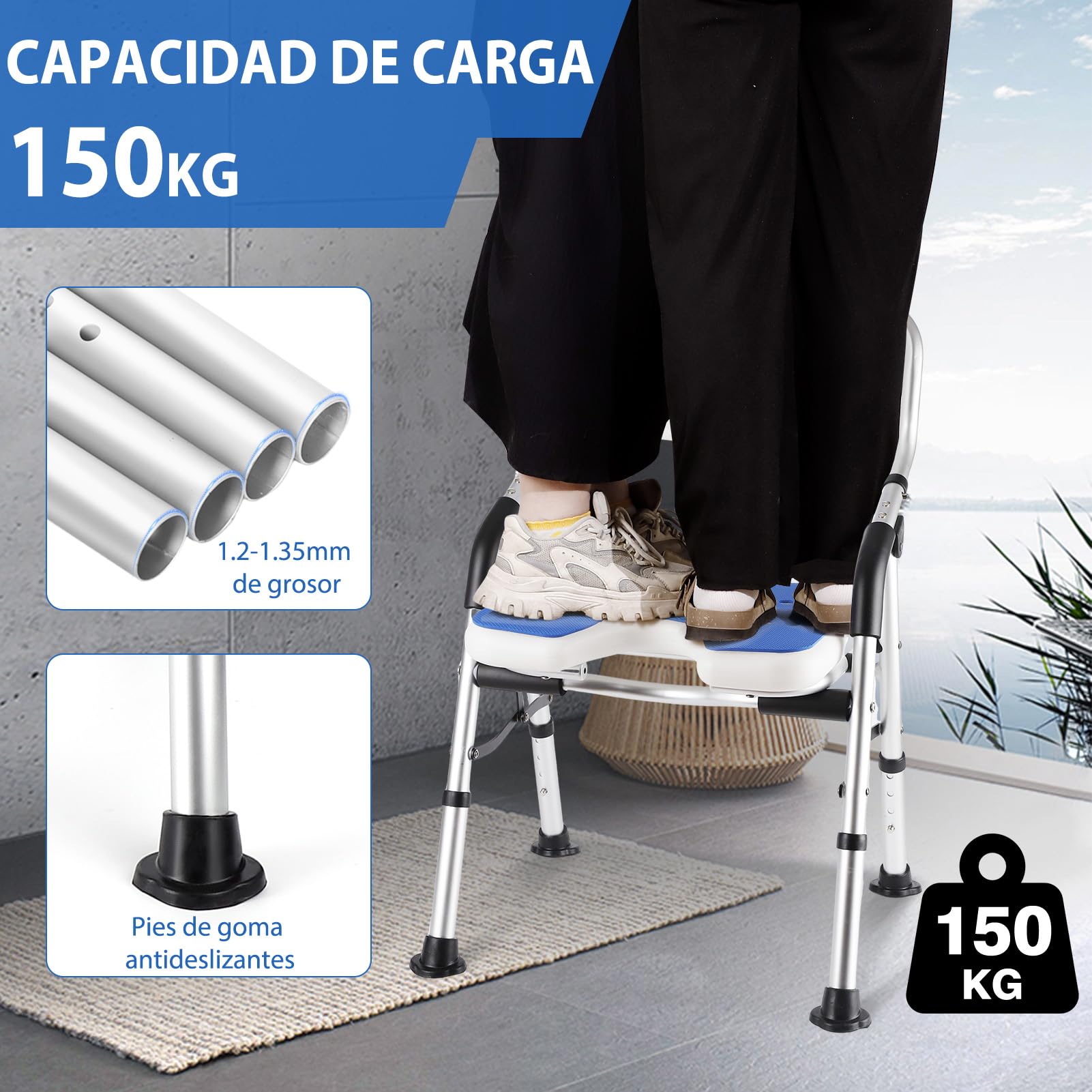 DEWEL Silla Ducha Personas Mayores Plegable, Silla para Ducha(Azul) | Altura Regulable, Asiento de Ducha Antideslizante con Soporte para Ducha de Ducha, Capacidad de Carga de 150 Kg