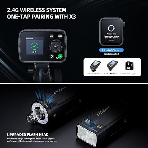 Vista 3 de GODOX AD200 Pro II AD200Pro II Flash estroboscópico, TTL 200W Flash de bolsillo HSS 1/8000s, sincronización inalámbrica de un toque, pantalla