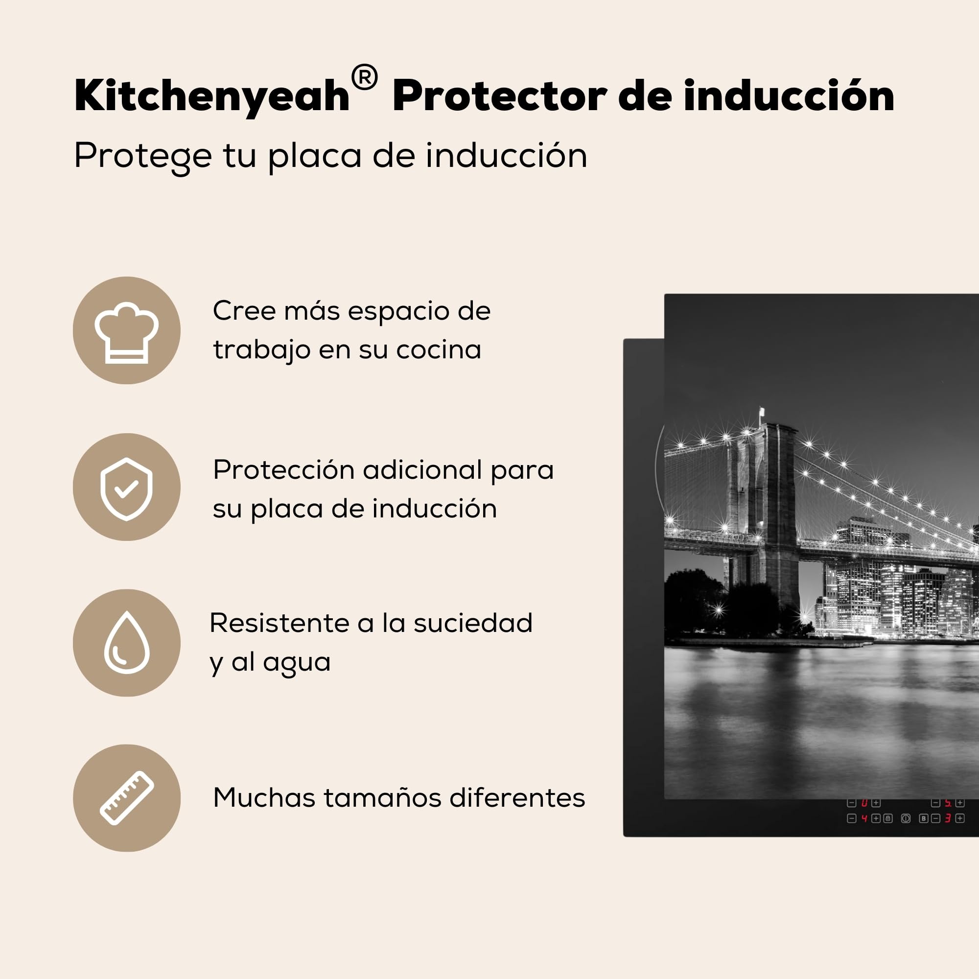 KitchenYeah© Cubre Vitrocerámica - Protector Vitroceramica Induccion 77x51 cm - Tapa Vitroceramica - Protector de Vitroceramica Puente de Brooklyn - Skyline - Blanco y Negro - Nueva York